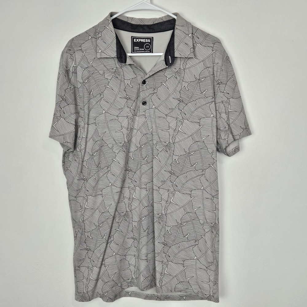 Express Mens Sz L Polo Shirt Short Sleeve Tropical Leaf Print Cotton Stretch